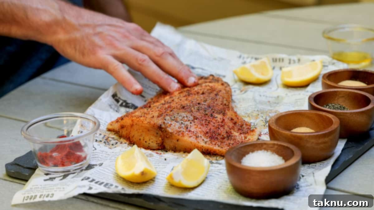 Hand seasoning a mahi mahi fillet on newspaper, surrounded by small bowls of various spices.