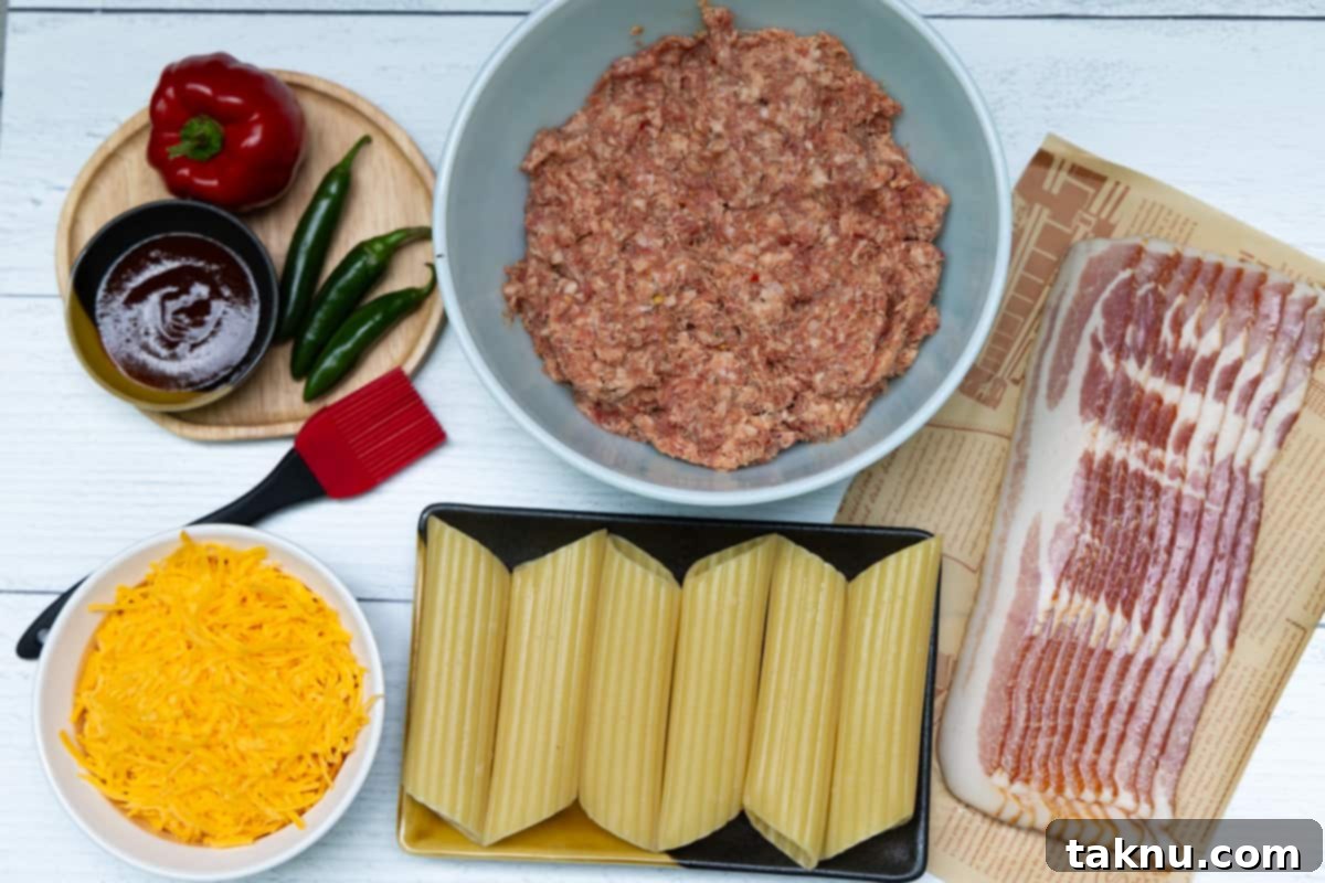 Smoked Barrel Rolls 3 Overhead shot of ingredients laid out: strips of bacon, uncooked manicotti shells, a bowl of shredded cheese, a bowl of mixed chopped peppers, and a bowl of ground sausage.
