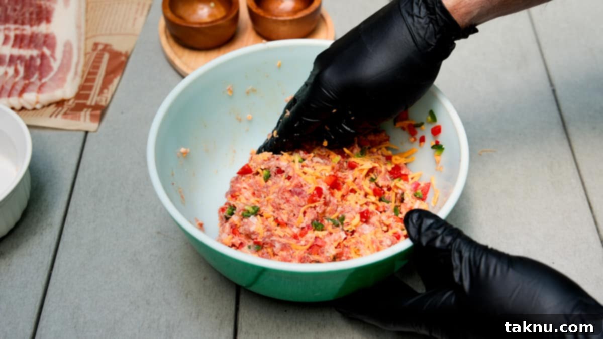 Smoked Barrel Rolls 5 Mixing ground meat with cheese, peppers, and jalapeños in blue bowl by hand while wearing black gloves.
