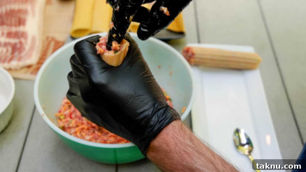 Smoked Barrel Rolls 6 Stuffing meat mixture into manicotti shells by hand while wearing black gloves.