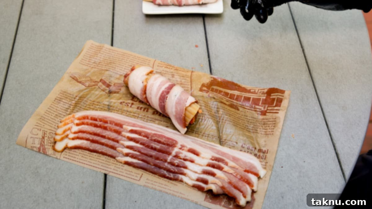 Smoked Barrel Rolls 7 Bacon on table with a pasta shell wrapped with a piece of bacon.