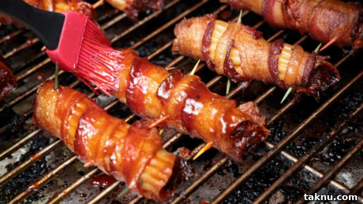 Smoked Barrel Rolls 9 Brushing BBQ sauce on stuffed pasta shells while they are on a grill cooking.