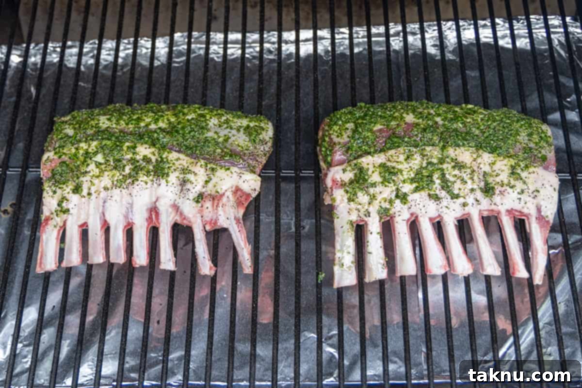 Two racks of lamb, generously coated in the vibrant green marinade, smoking peacefully on a grill grate, meat side up, absorbing the wood smoke.