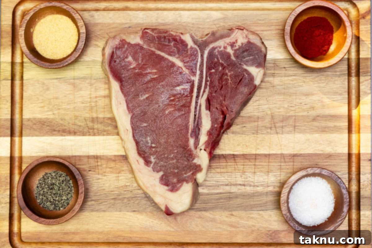 Steak on cutting board with spices in small dishes. 