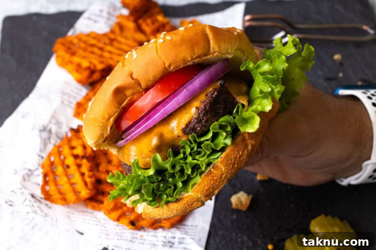 Bison burger with lettuce, tomato, and onion on a bun with fries in background.