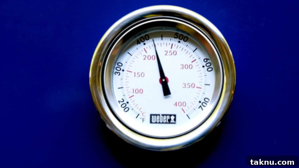 Thermometer showing 400°F on blue gas grill.