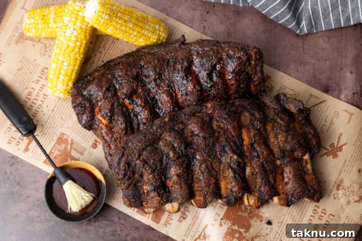 Two smoked racks of ribs on cutting board with corn on the cob.