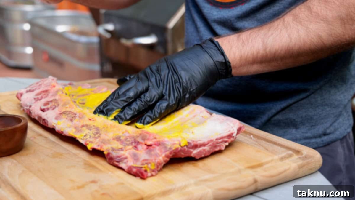 Rubbing yellow mustard on beef ribs by hand on a wood cutting board.