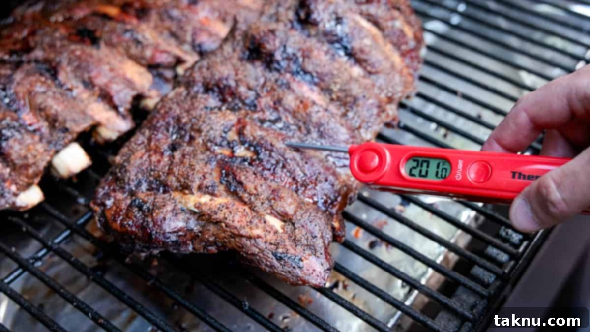 Meat thermometer showing 201°F internal temperature of beef ribs on grill.
