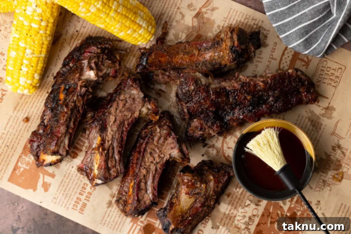 Rack of beef ribs sliced into individual ribs on cutting board with corn, bbq sauce cup, and brush.