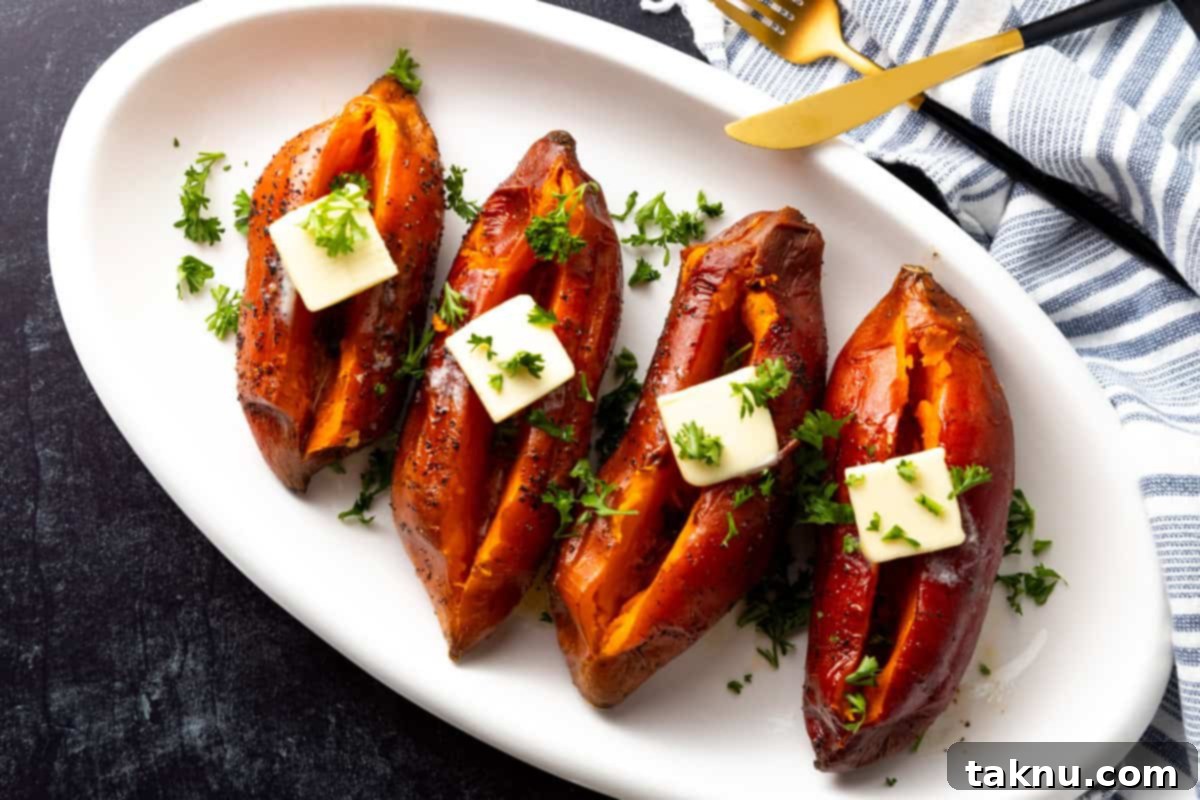Four grilled sweet potatoes on white platter topped with butter and parsley.