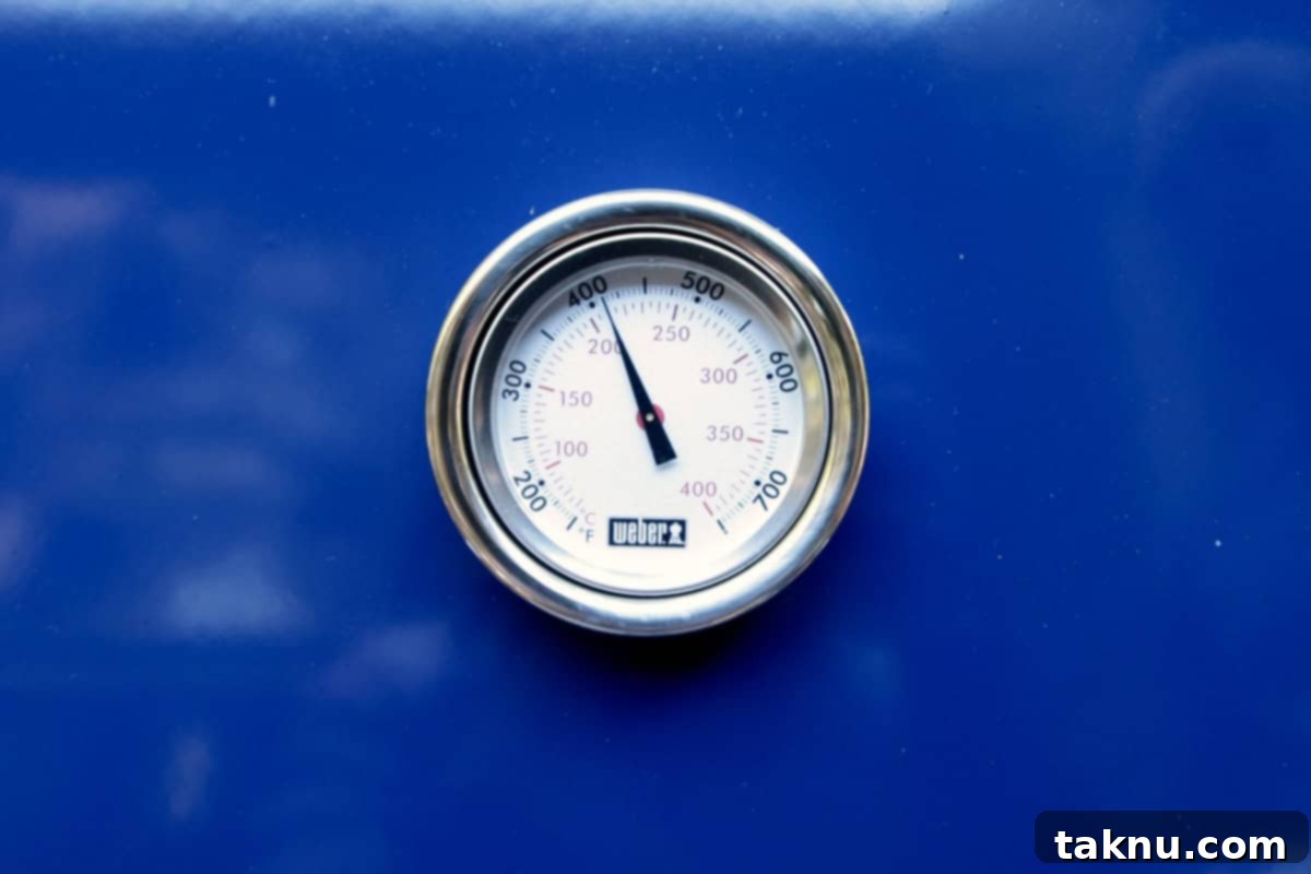 Savory Sausage and Roasted Peppers 5 Grill temperature gauge showing 400 degrees.