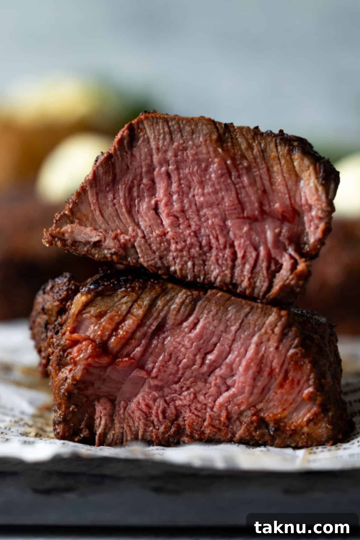 A perfectly cooked filet mignon steak, sliced in half and stacked to reveal its gorgeous medium-rare center, promising ultimate tenderness and flavor.