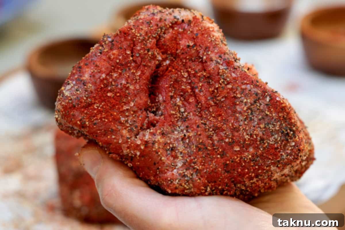 A hand holding a seasoned filet mignon steak, with bowls of spices blurred in the background, ready for grilling.
