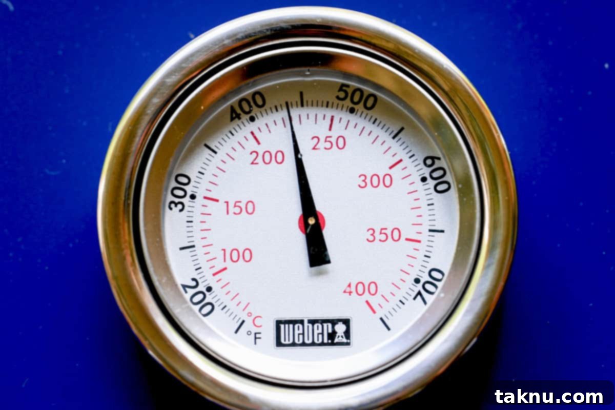 A grill thermometer displaying a temperature of 450°F, indicating the grill is perfectly preheated and ready for cooking.