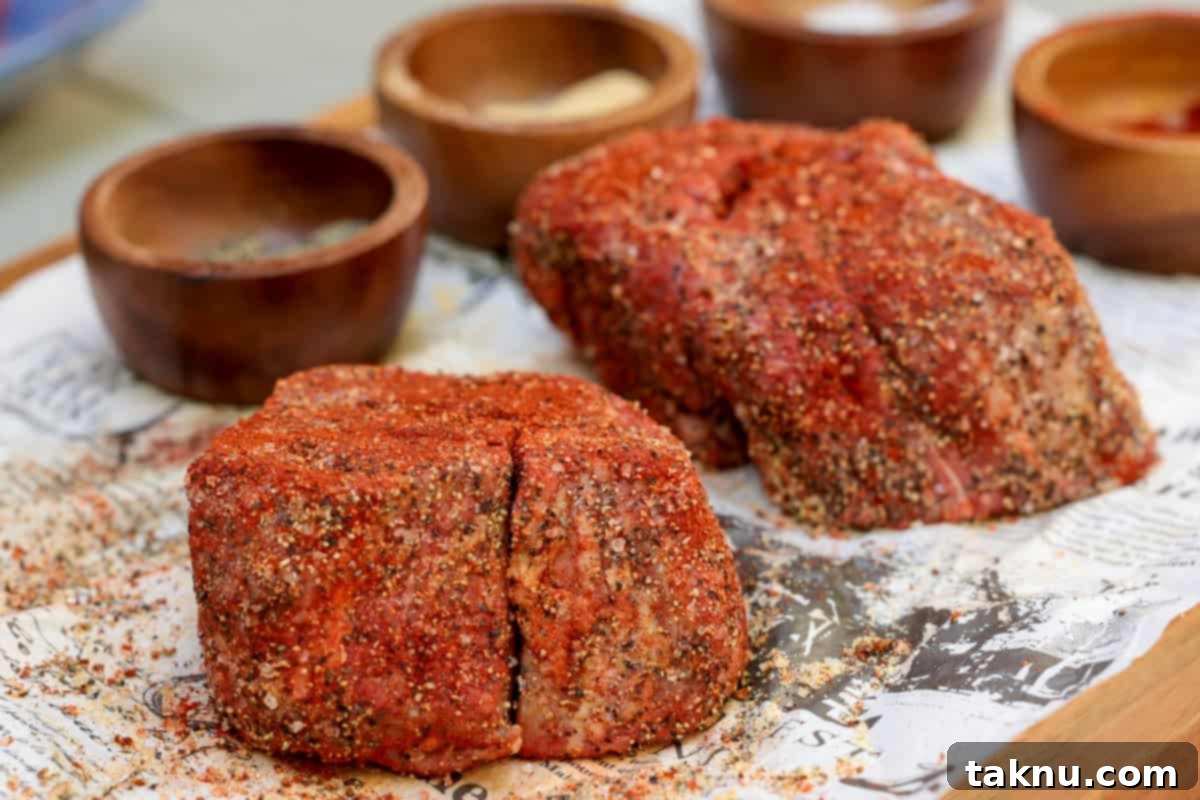 Filet mignon steaks perfectly seasoned with a blend of spices, with wooden bowls of seasonings in the soft background, ready for the grill.