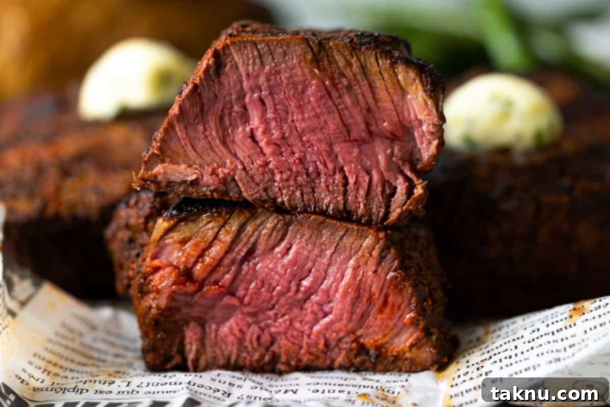 A perfectly grilled filet mignon steak, sliced in half and stacked to reveal its succulent medium-rare doneness, presented beautifully for serving.