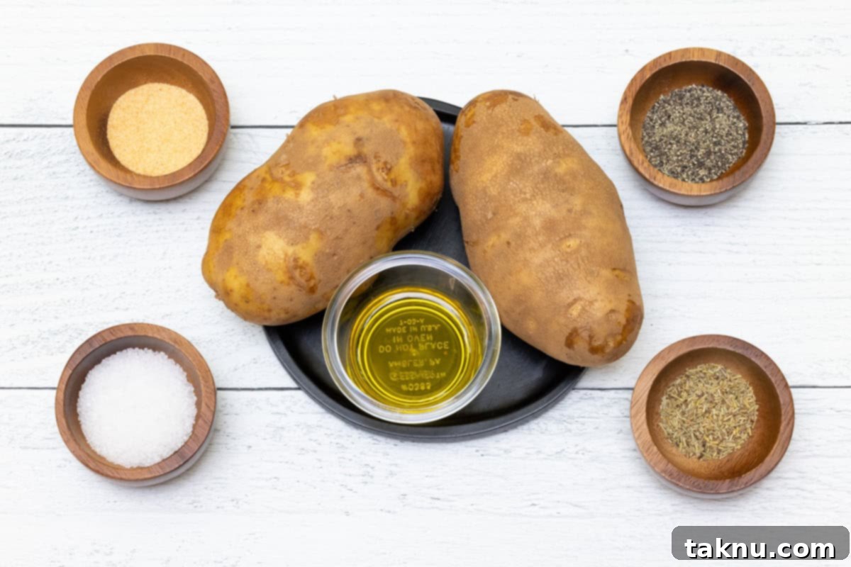 Two russet potatoes on a black plate, surrounded by small dishes of olive oil, sea salt, black pepper, garlic powder, and fresh rosemary.