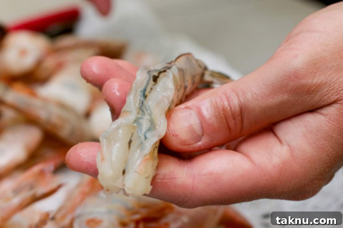 Succulent Smoked Shrimp 5 A hand holding a butterflied shrimp, clearly showing the visible dark vein, with more shrimp on a plate behind it.