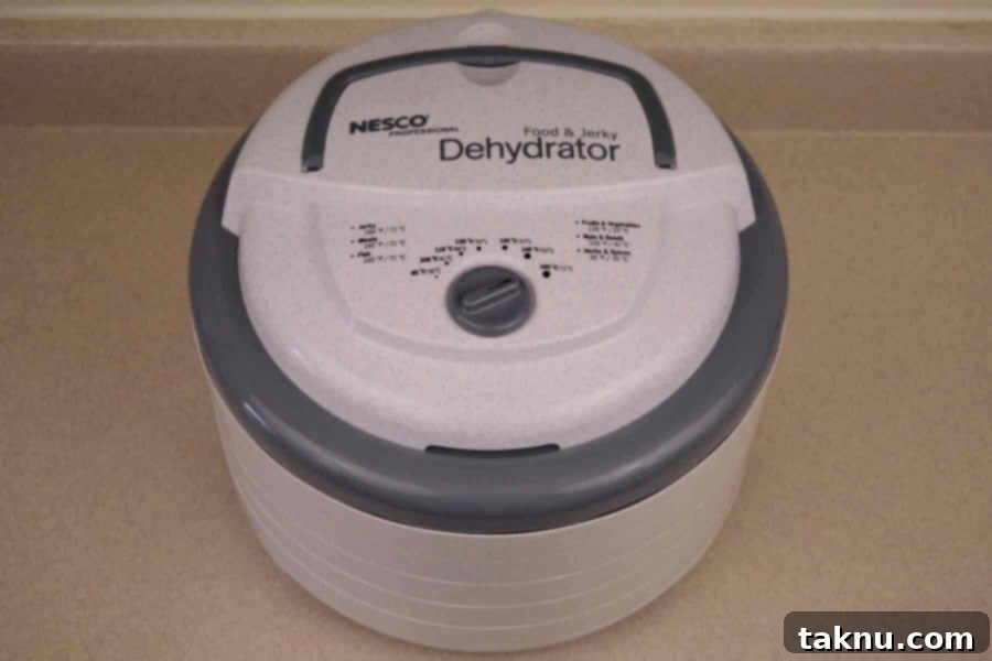 A reliable Nesco Dehydrator, filled with trays of Smokey Cajun turkey jerky strips undergoing the drying process, transforming them into a savory snack.