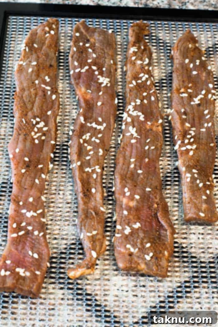 Beef jerky on dehydrator trays