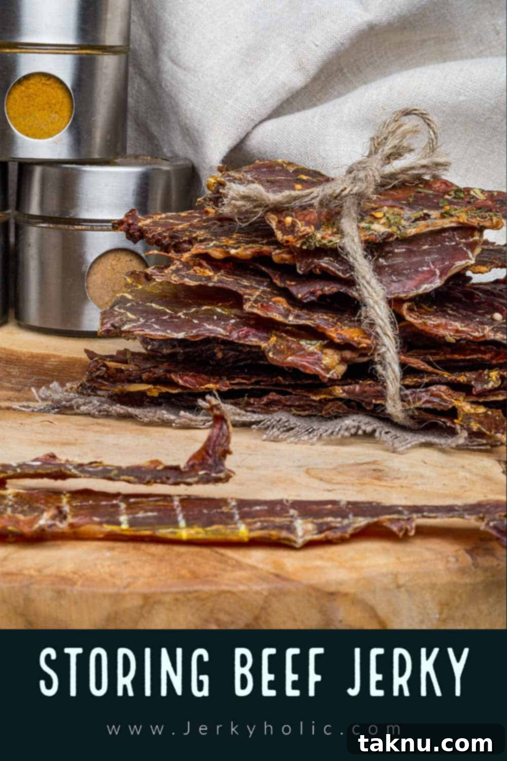 Beef jerky wrapped in twine with spices