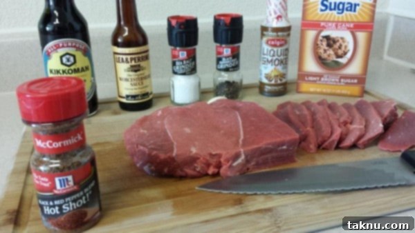 Hot Shot Sliced Freshly sliced sirloin tip beef, perfectly prepared for a homemade Hot Shot Jerky marinade