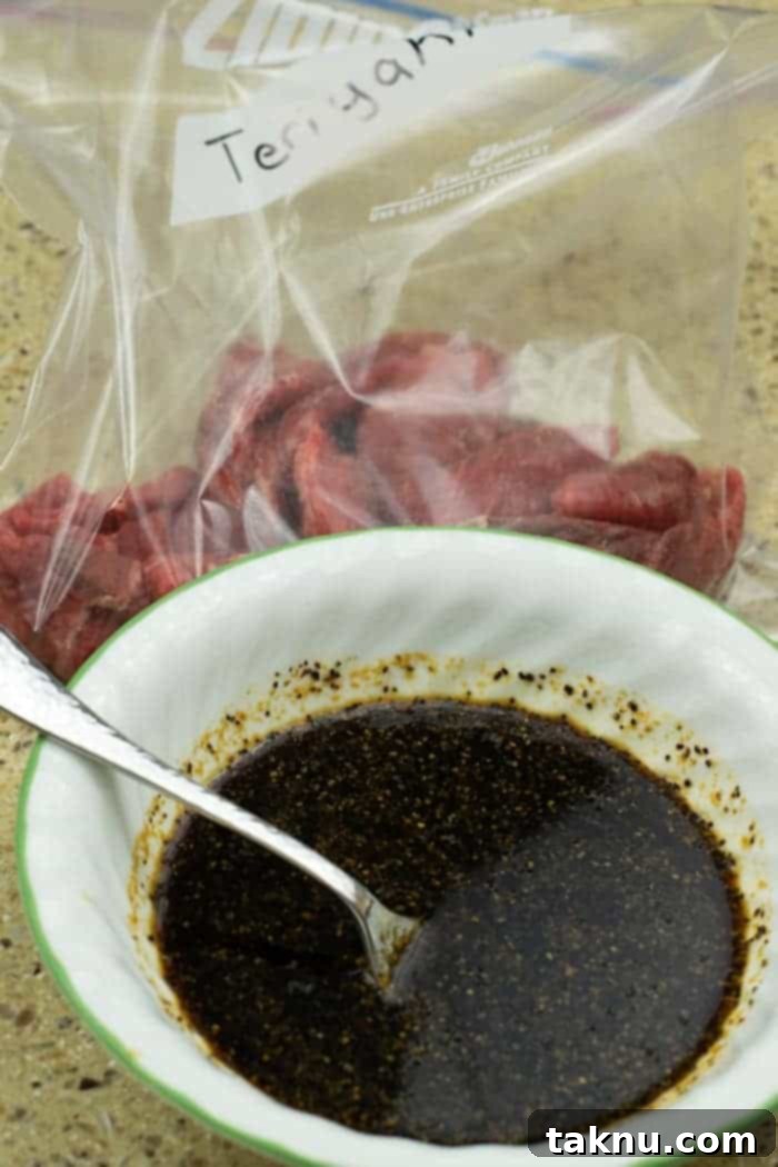 Kikkoman Glazed Teriyaki Beef Jerky 7 Teriyaki Beef jerky marinade in bowl