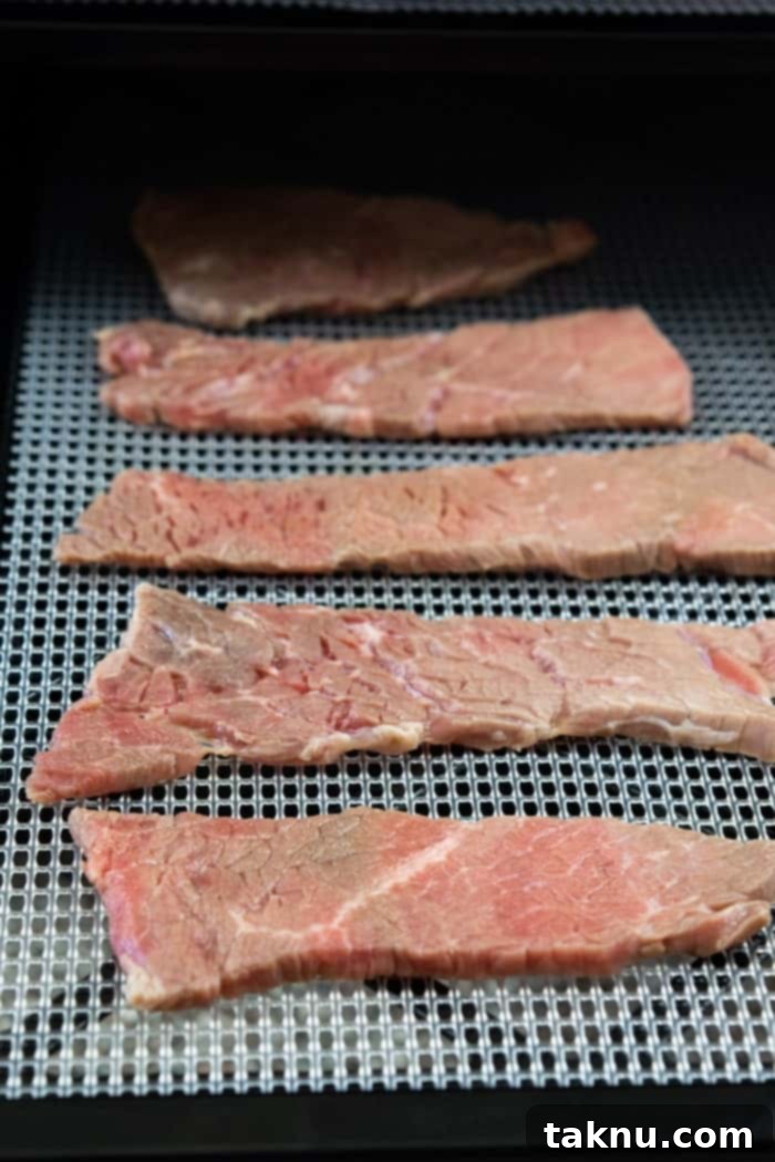 Fireball Whisky Infused Beef Jerky 5 Beef jerky strips on dehydrator tray ready to dry