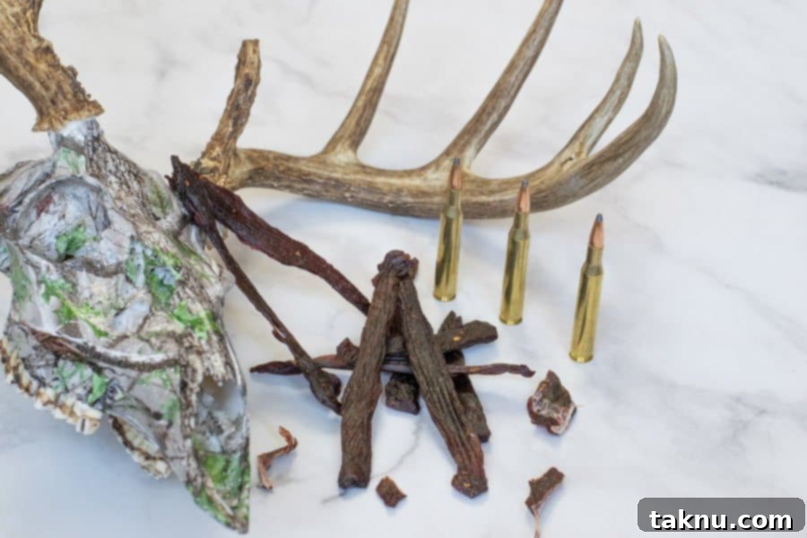 Venison jerky with skull and bullets