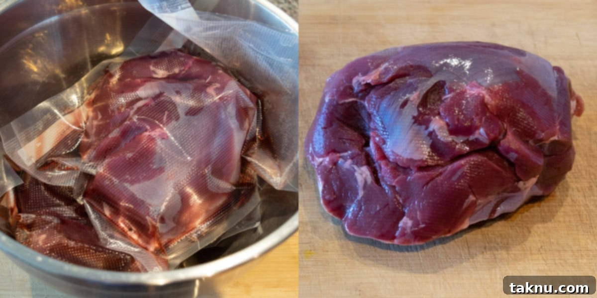 Deer roast thawing in water and on cutting board