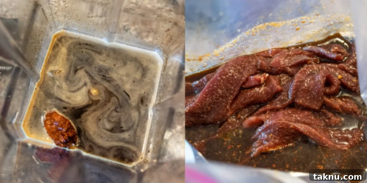 Marinade in blender and jerky slices marinating in ziplock bag