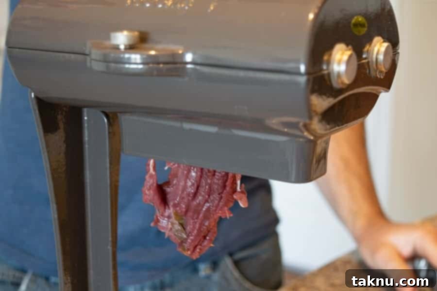 Twisted Venison Jerky 6 Venison being sliced by a jerky meat slicer