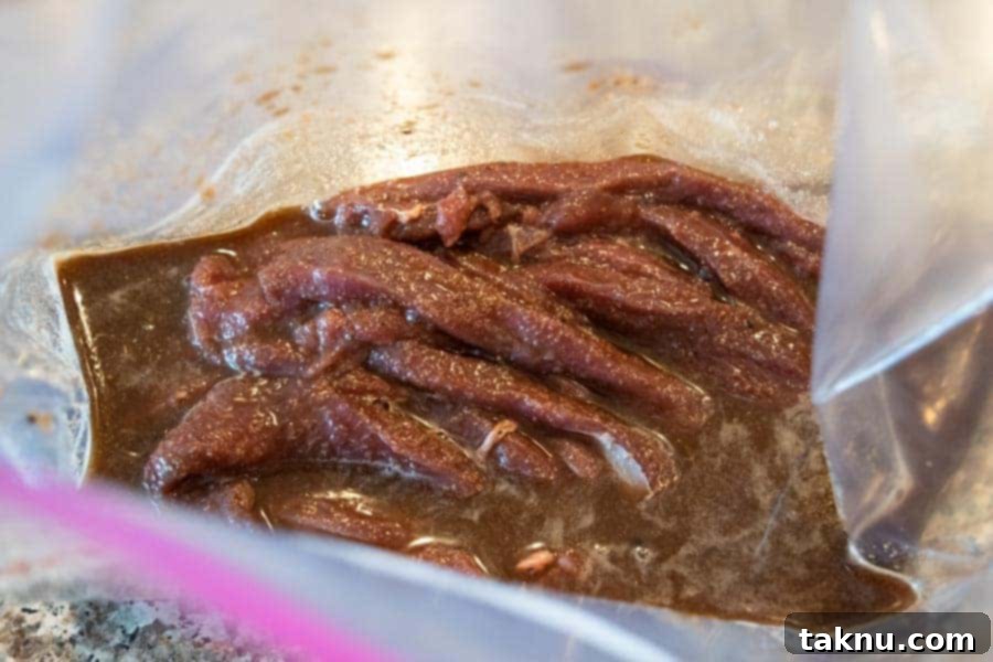 Twisted Venison Jerky 8 Deer jerky strips marinating in plastic bags