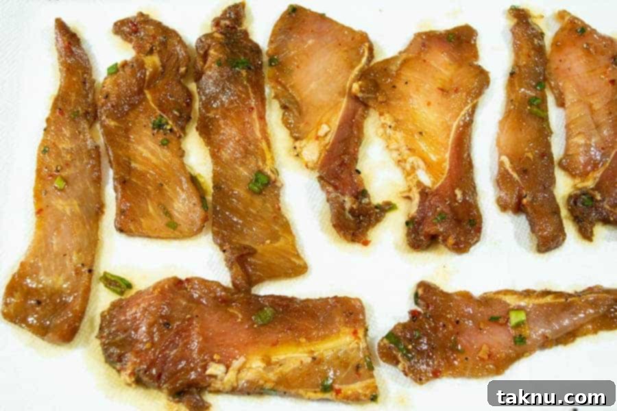 korean bbq pork jerky on paper towels