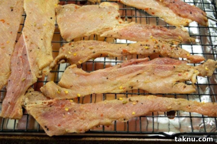 Italian pork jerky strips on baking sheet