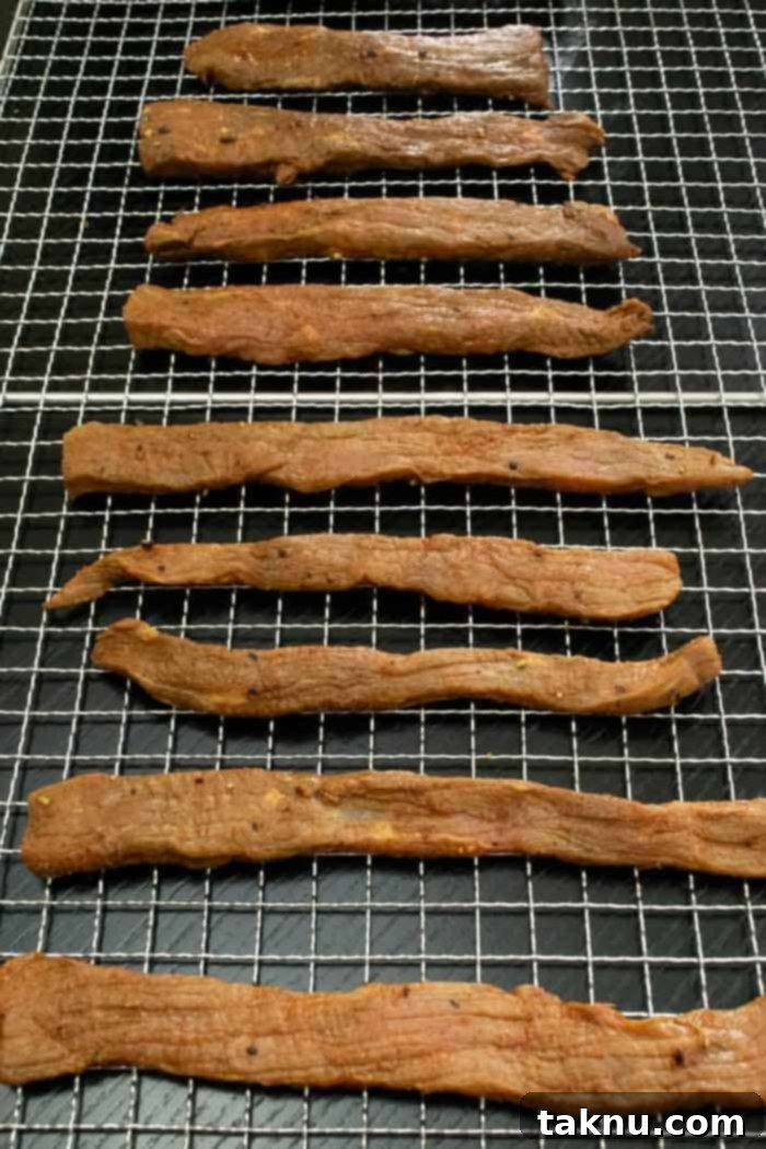 Perfectly spaced jerky strips arranged on a dehydrator tray, ready for the drying process.