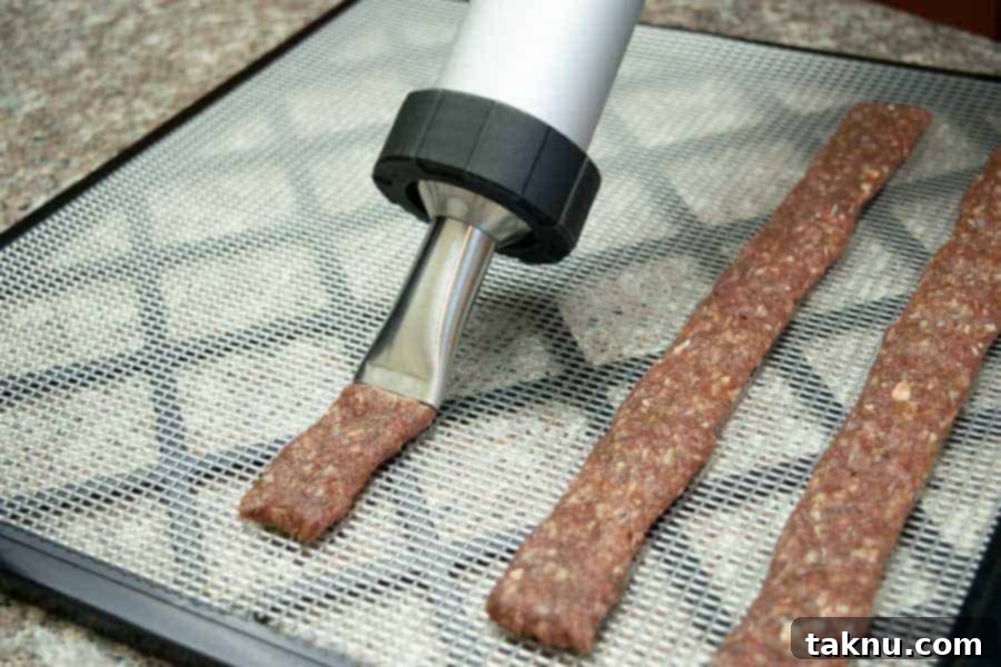 shooting ground jerky strips onto dehydrator tray with jerky cannon