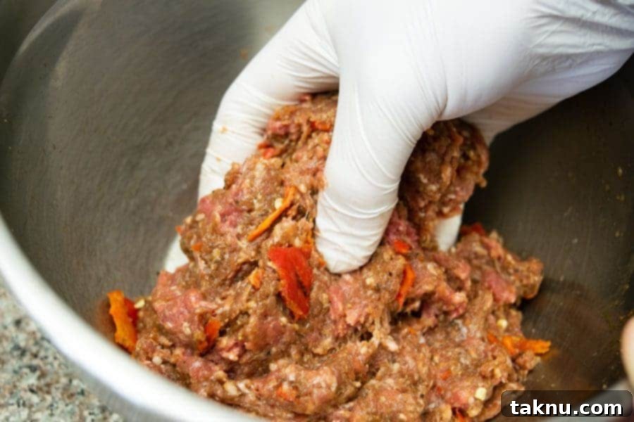 ground beef mixed by hand in bowl for jerky