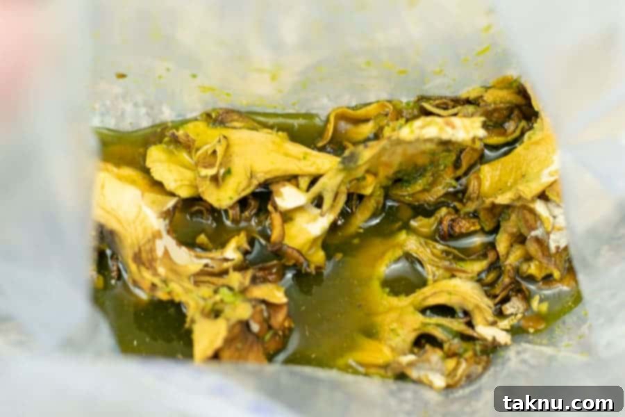 Umami Mushroom Jerky 8 Sliced Maitake mushrooms fully immersed in the blended marinade inside a sealed ziplock bag, ready for refrigeration and marination.