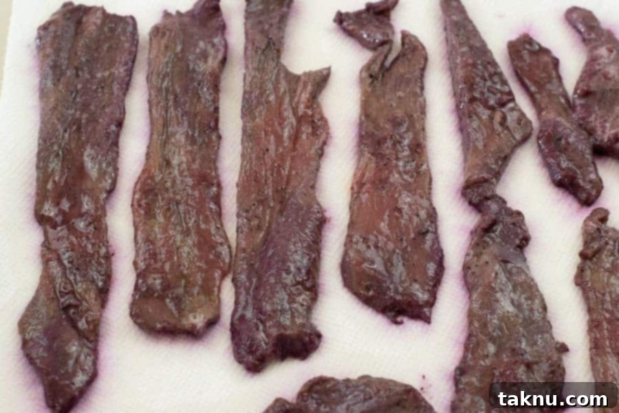 Blueberry Bourbon Marinated Venison Jerky 11 Prepared deer jerky strips laid out on paper towels, gently patted dry before the drying process.
