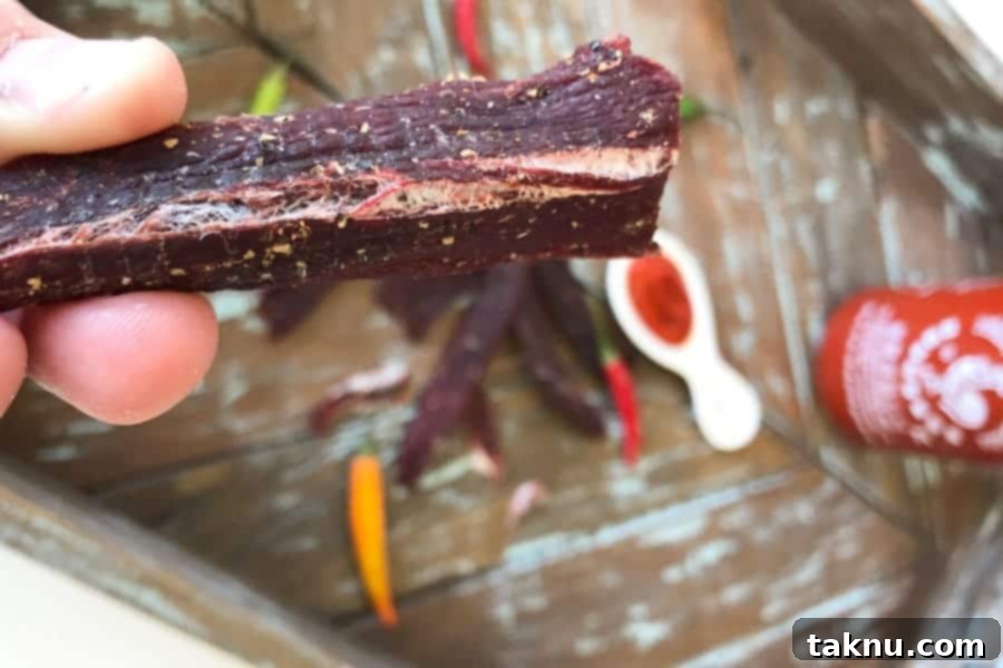 Sriracha deer jerky bent in half, showing desired texture and doneness with a slight crack