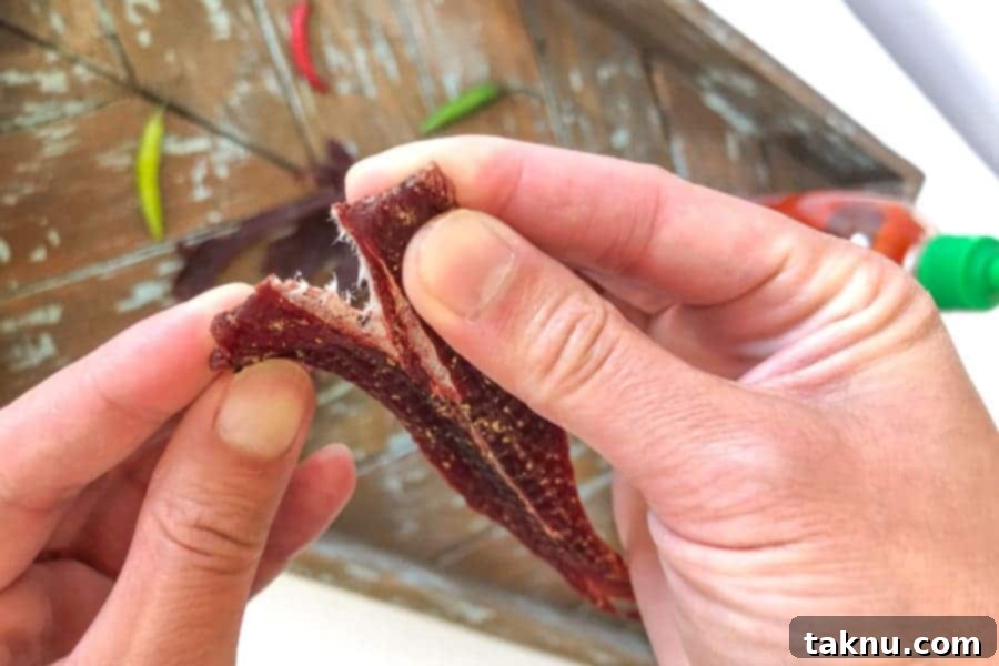 Sriracha jerky ripped in half, revealing visible white fibers as a sign of proper drying