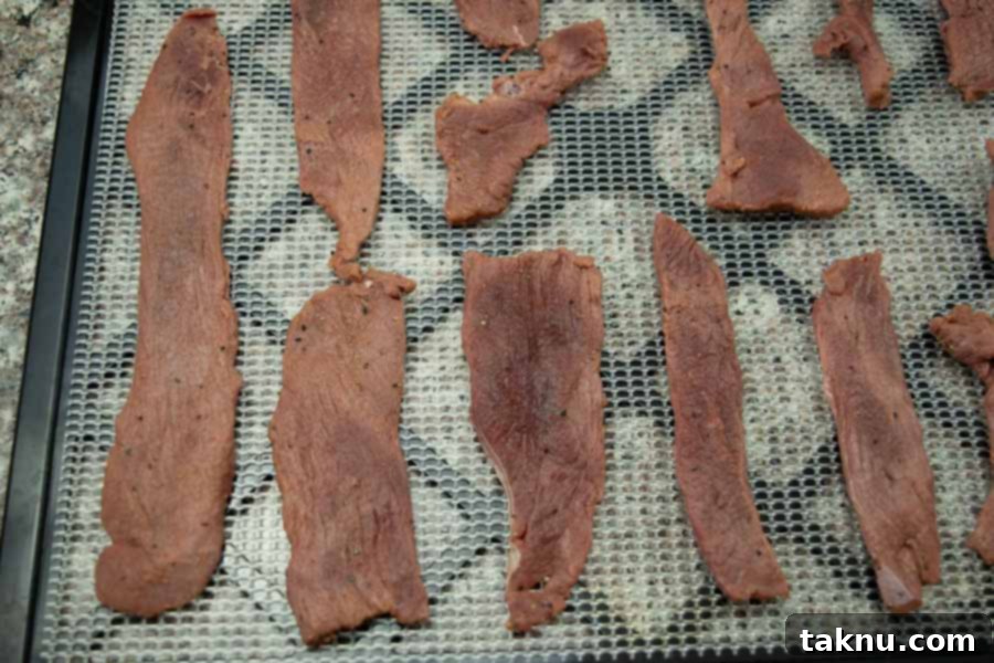 Sriracha deer jerky drying on dehydrator trays, ensuring good airflow between strips