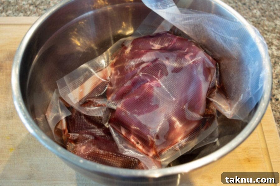 Thawed freezer-packed venison roast in a bowl, ready for preparation.