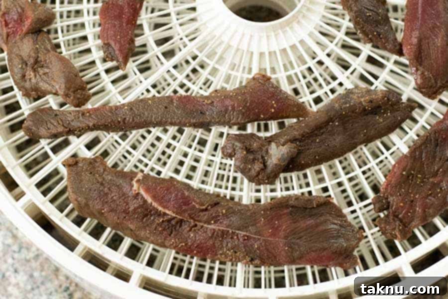 Pomegranate deer jerky strips neatly arranged on a dehydrator tray, ready for drying.