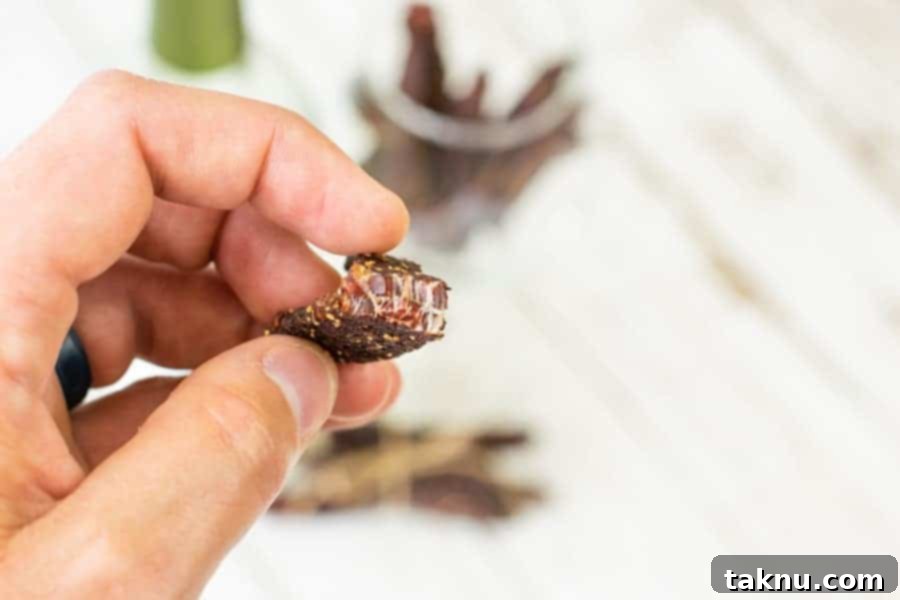 Vintner's Mash Beef Jerky 12 Beef jerky held in hand, being bent in half to test for doneness