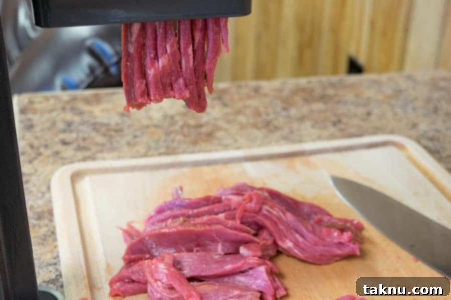 Gunslinger's Jerky 7 A specialized beef jerky slicer efficiently processing meat strips onto a cutting board, alongside a knife for comparison.