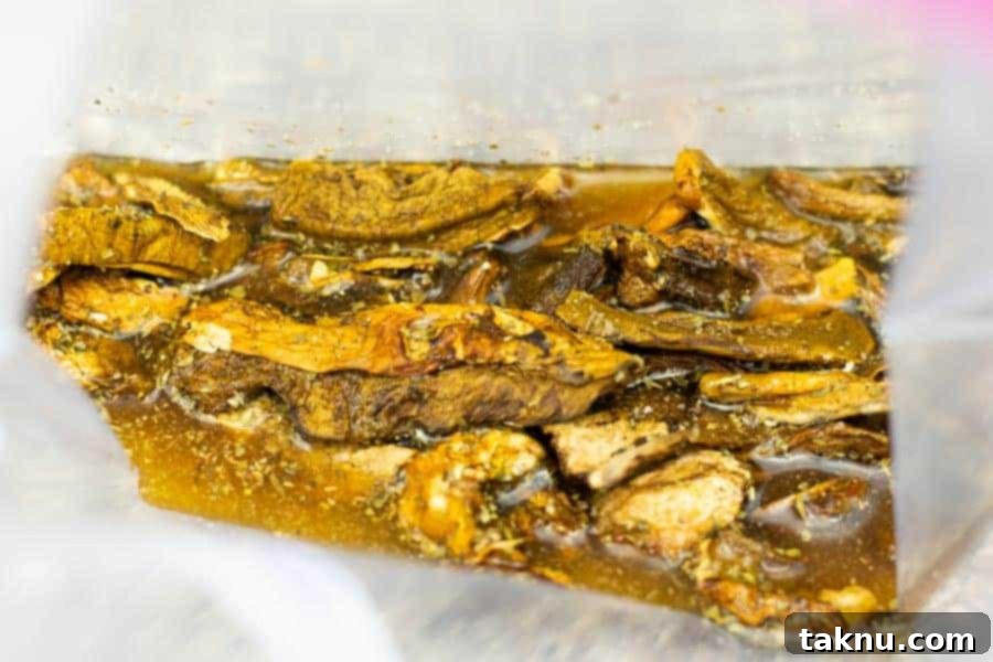 Dried Porcini mushroom slices soaking in a rich, flavorful Italian marinade inside a plastic bag