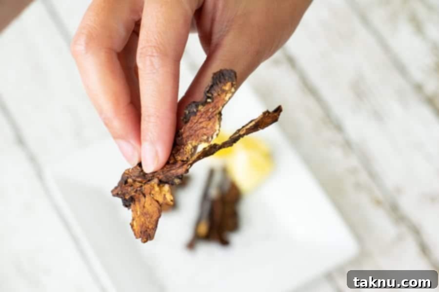 A broken piece of crispy mushroom jerky, showing its dry and brittle texture